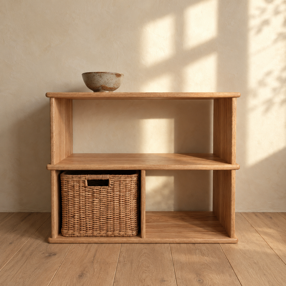 The console bookcase in red oak against a sunlit plaster wall, with a bowl on top and a woven basket in one of the lower openings.