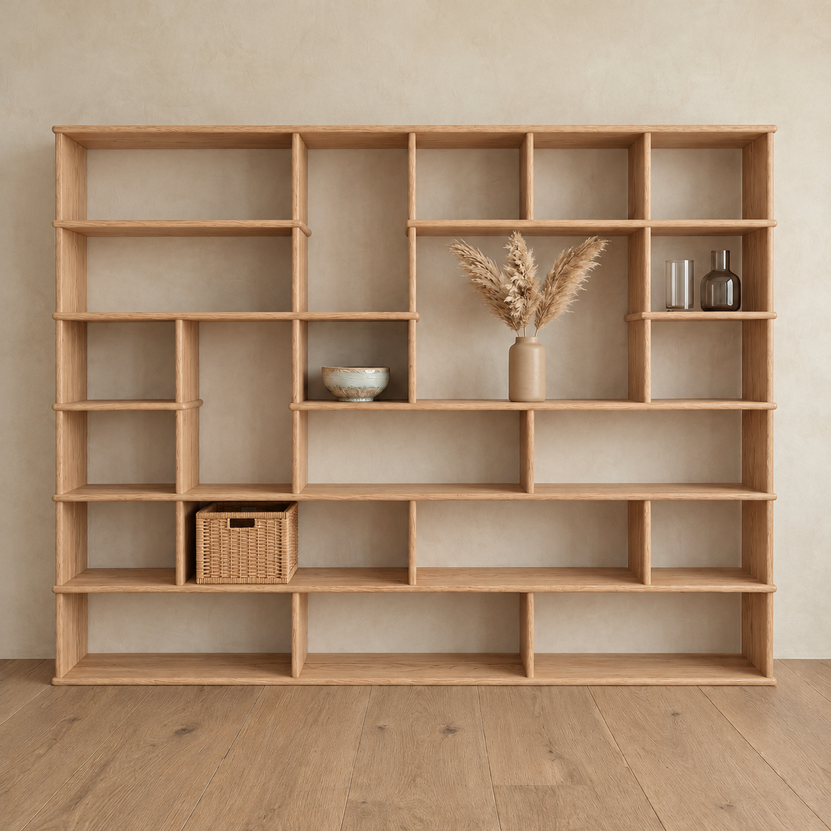 The large geometric bookcase in white oak against a plaster wall, its offset shelves holding a vase of pampas grass, a bowl, two small bottles and a woven basket.