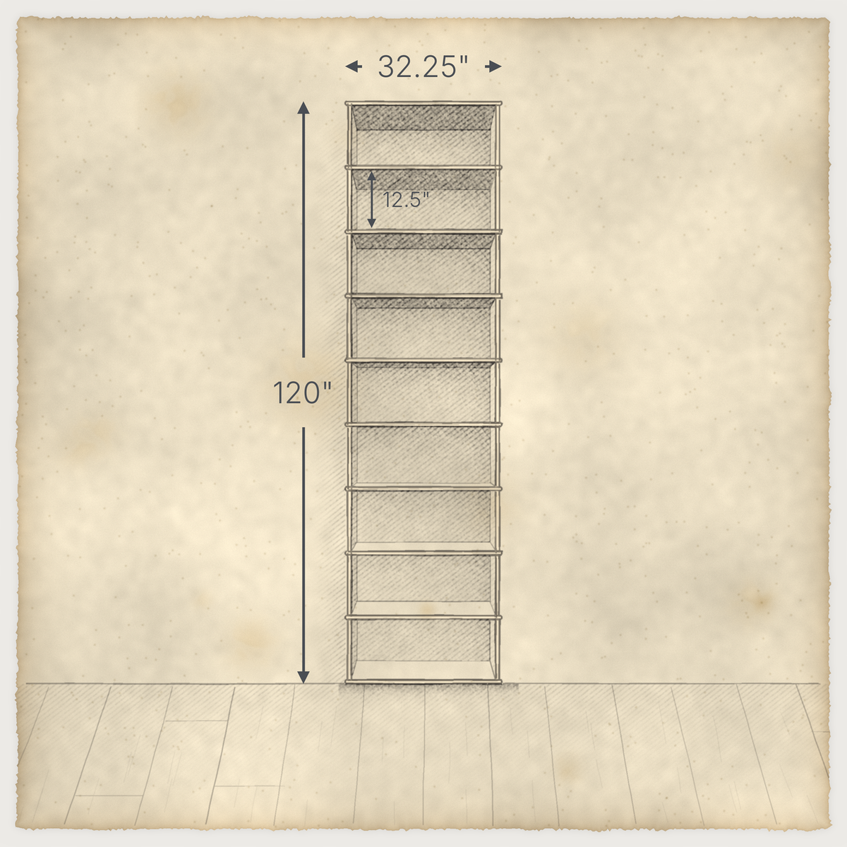 Pencil drawing of the 1 column 10 foot tall bookcase with dimensions: 32.25 in wide and 120 in high, with 12.5 in shelf openings.