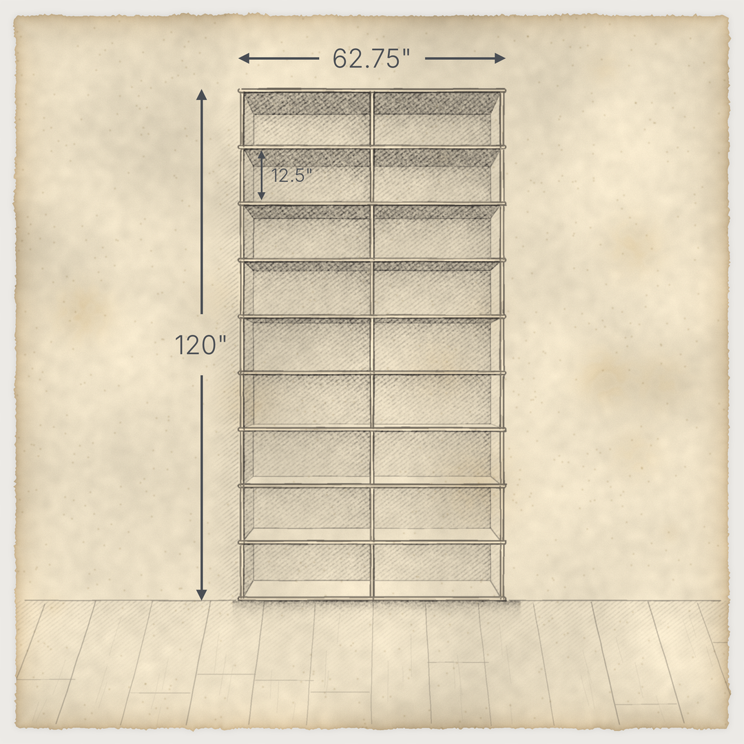 Pencil drawing of the 2 column 10 foot tall bookcase with dimensions: 62.75 in wide and 120 in high, with 12.5 in shelf openings.