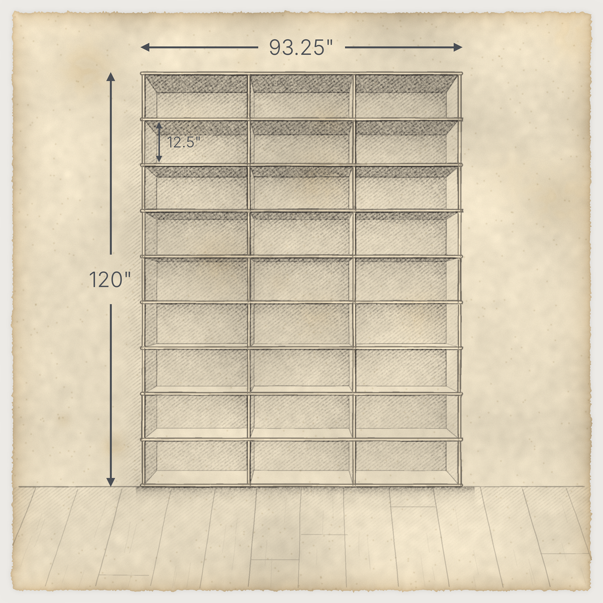 Pencil drawing of the 3 column 10 foot tall bookcase with dimensions: 93.25 in wide and 120 in high, with 12.5 in shelf openings.