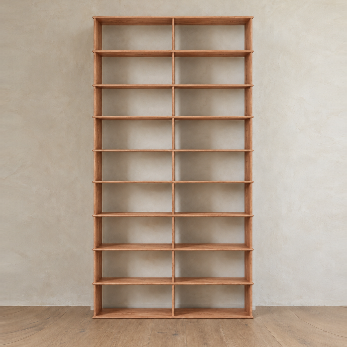 Front view of the empty 10 foot tall bookcase in red oak, 2 columns wide.