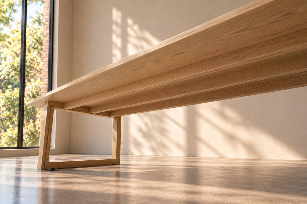 View from below the edge of the conference table in white oak, showing the stretchers running under the top to a leg frame.