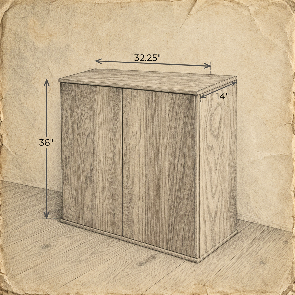 A technical sketch of a Two door cabinet in red oak with two doors, labeled with dimensions of 32.25 inches wide, 14 inches deep, and 36 inches high.