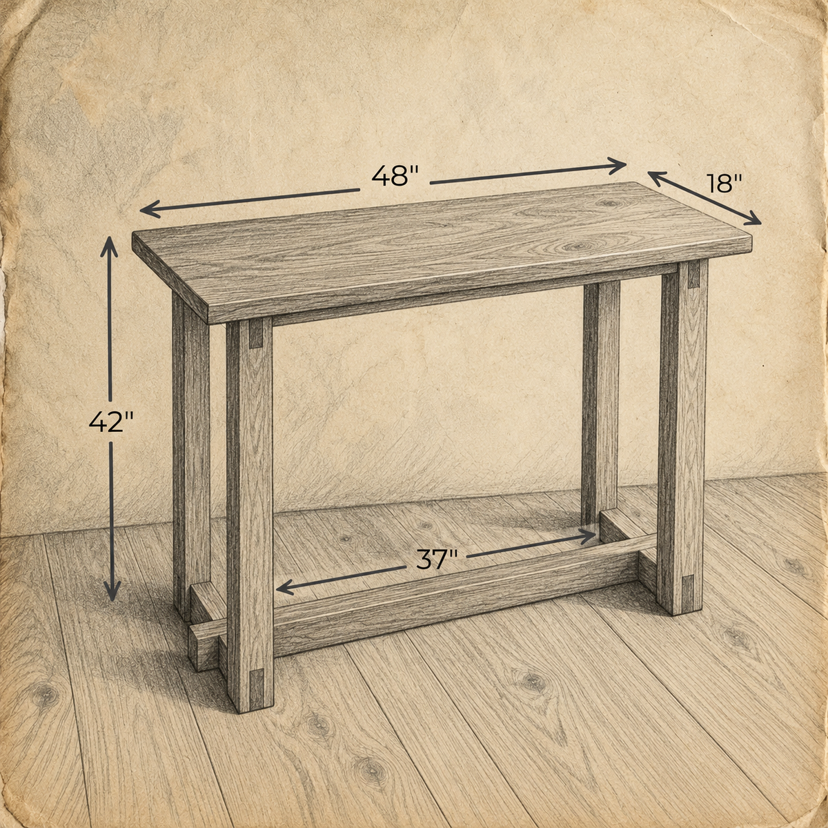 Pencil sketch of the 2 person bar table on aged paper, measuring 48 inches long, 18 inches deep and 42 inches high.