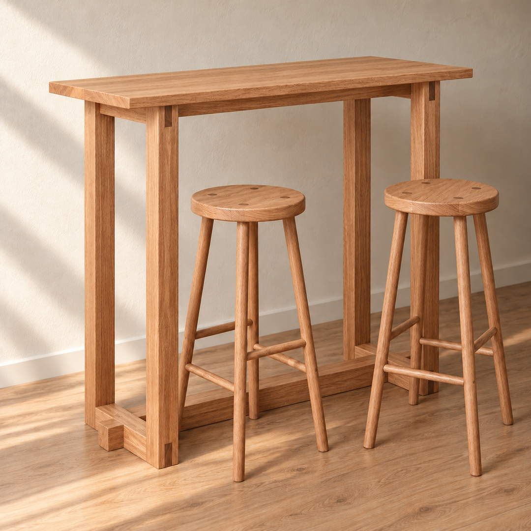 The 2 person bar table in red oak with two round wooden bar stools (not included) in afternoon sun.