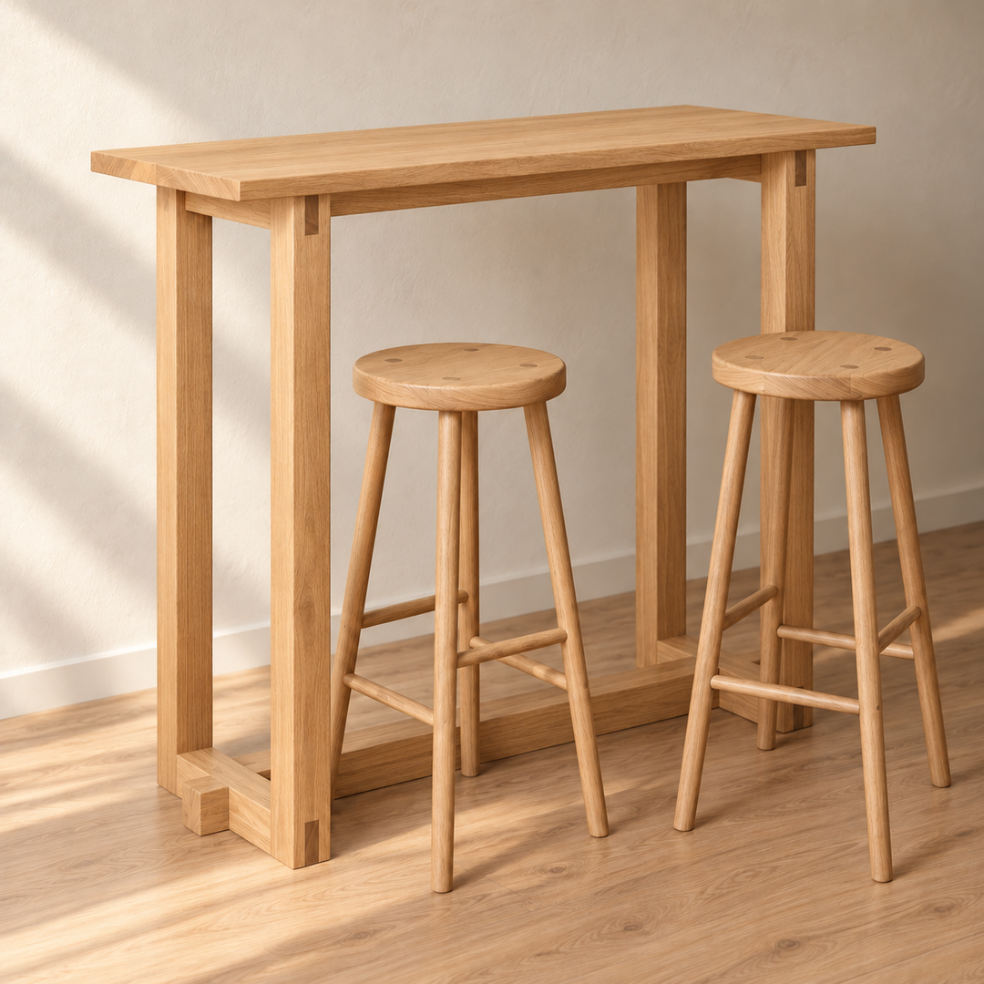 The 2 person bar table in white oak with two round wooden bar stools (not included) in afternoon sun.