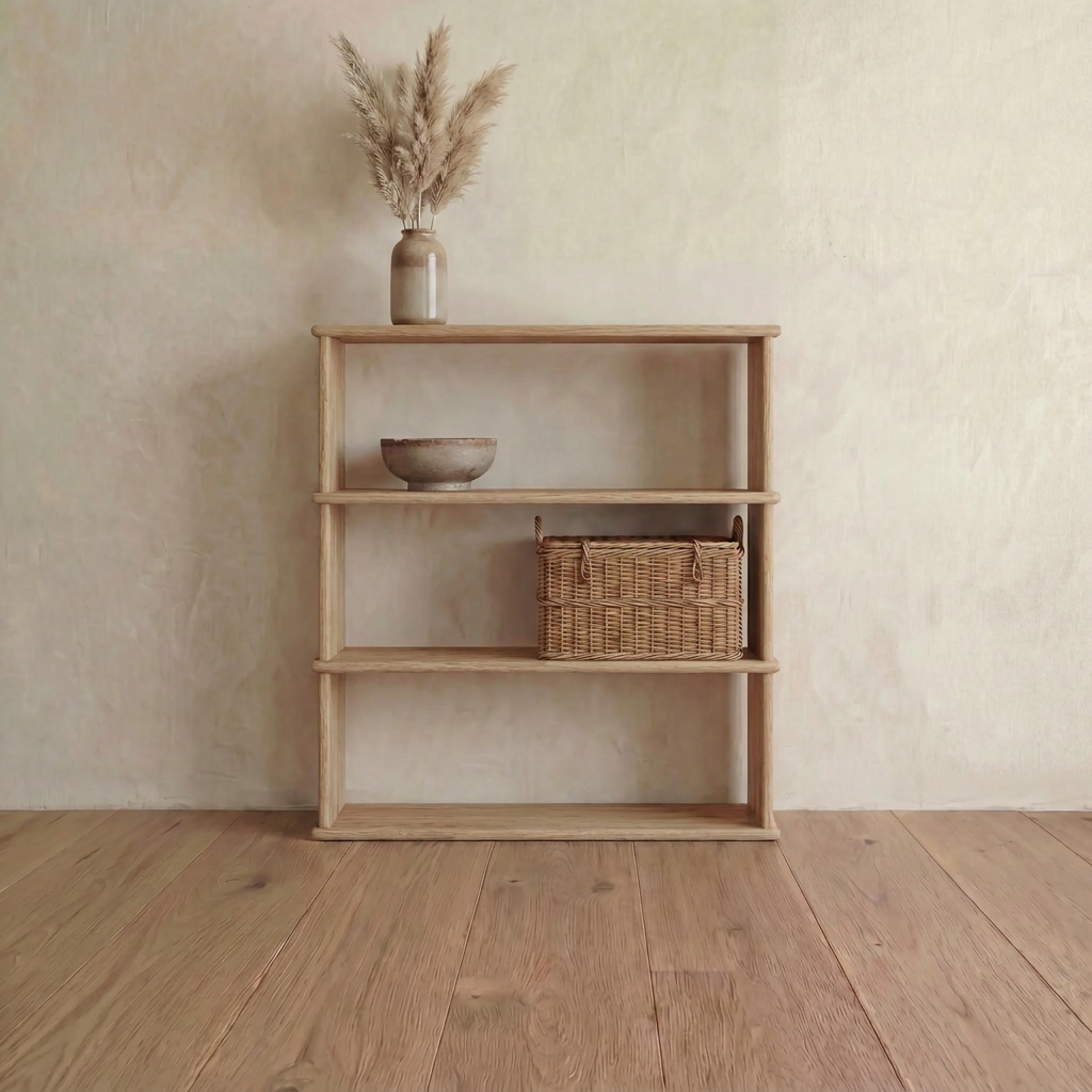 A 3 shelf bookcase in white oak stands against a beige wall. The top shelf displays a vase with dried pampas grass, the middle holds a ceramic bowl, and a wicker basket sits below—ideal for Vancouver furniture lovers.