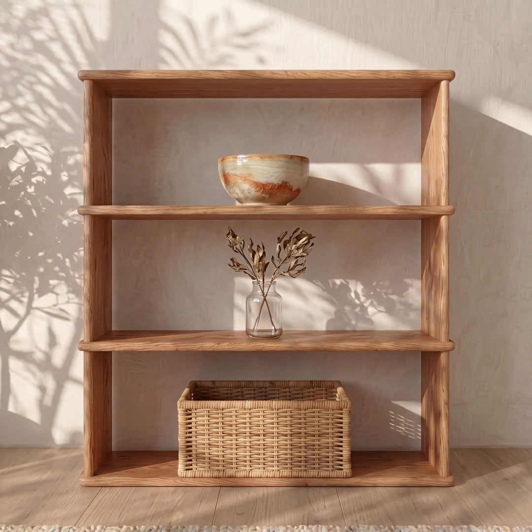 3 row bookcase in solid wood zoomed in