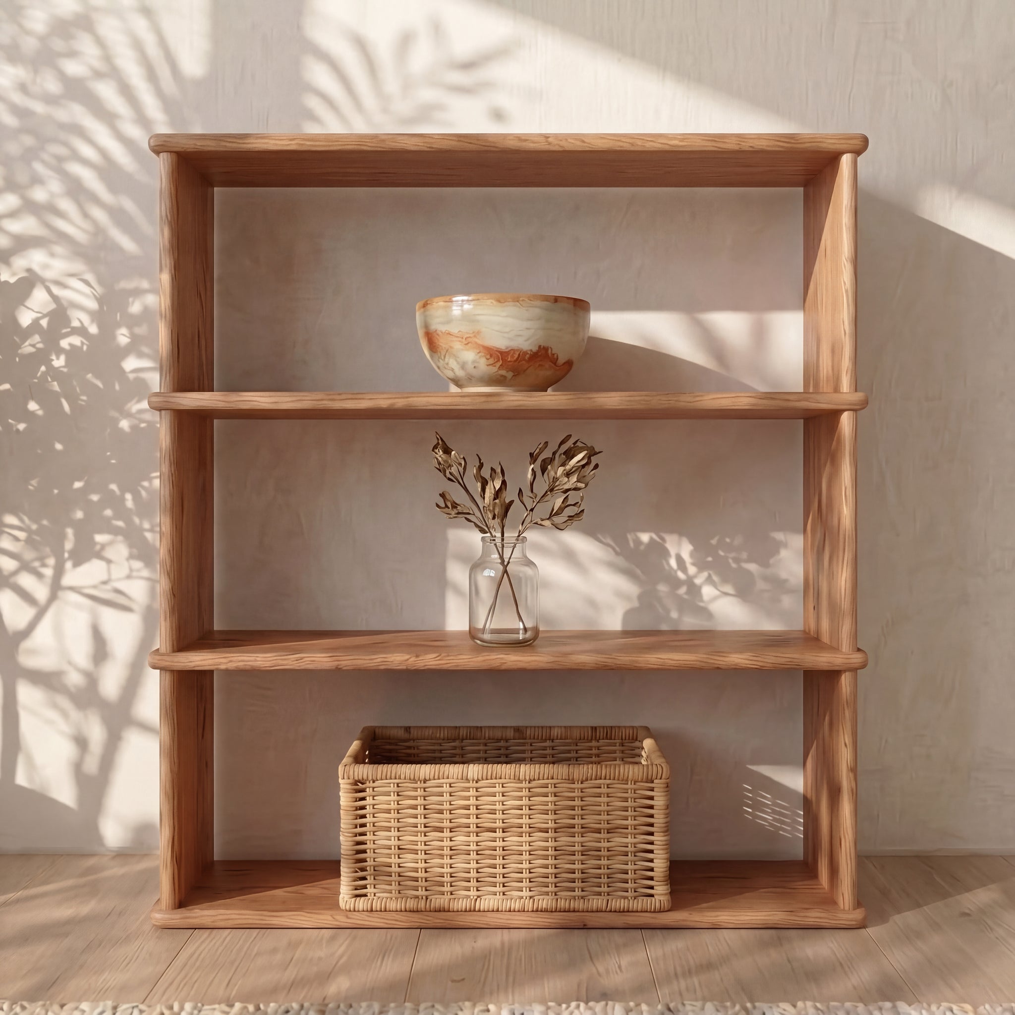 3 row bookcase in solid wood zoomed in