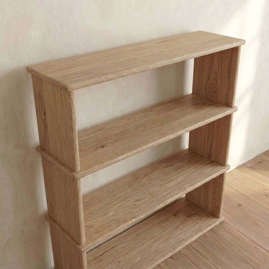 A 3 shelf bookcase in white oak stands empty against a pale wall on a wooden floor. Its simple, minimalist design makes it an ideal choice for those seeking quality Vancouver furniture.