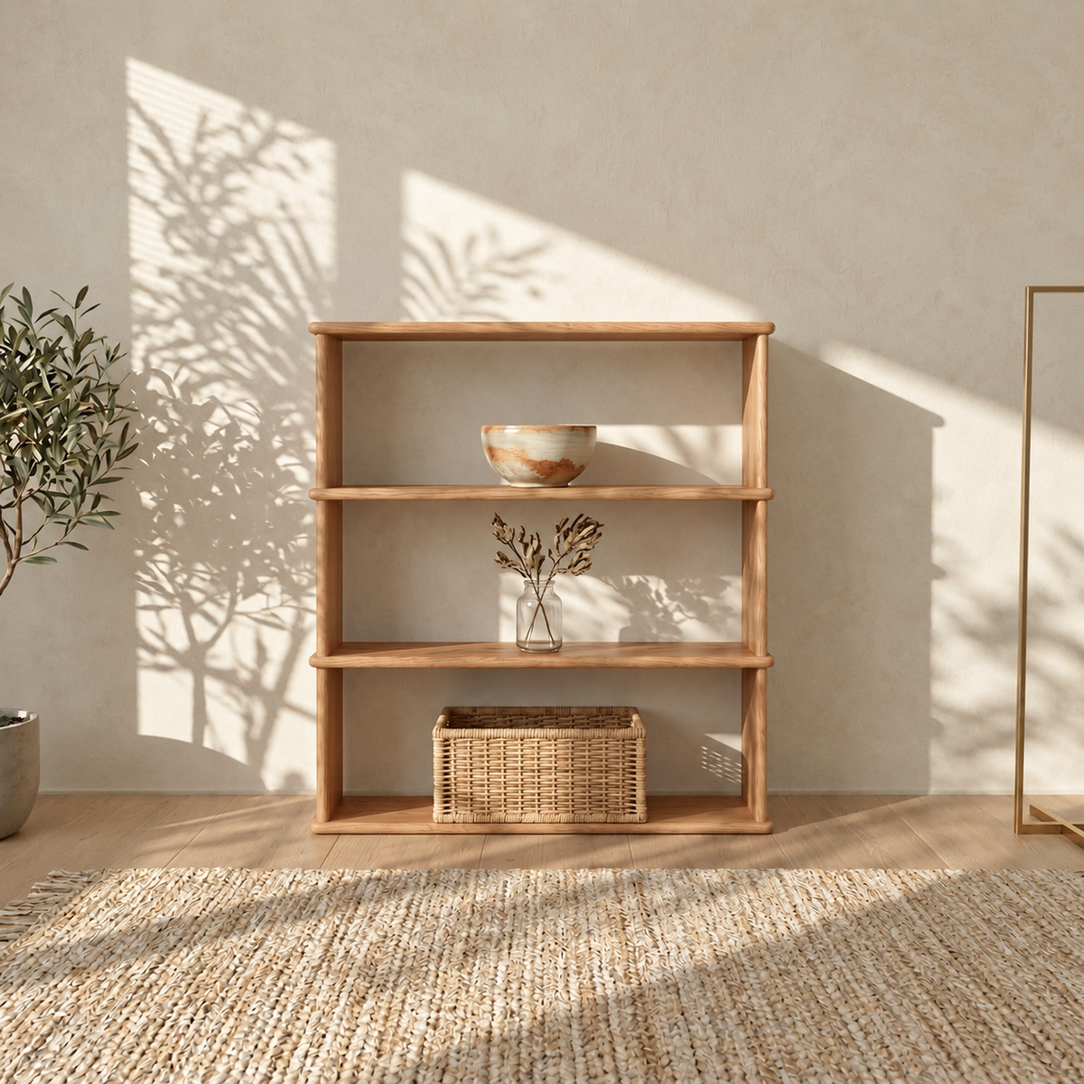 The 3 shelf bookcase in red oak in a sunlit room beside a small olive tree, holding a ceramic bowl, a sprig of dried leaves in a glass vase and a woven basket, on a jute rug.