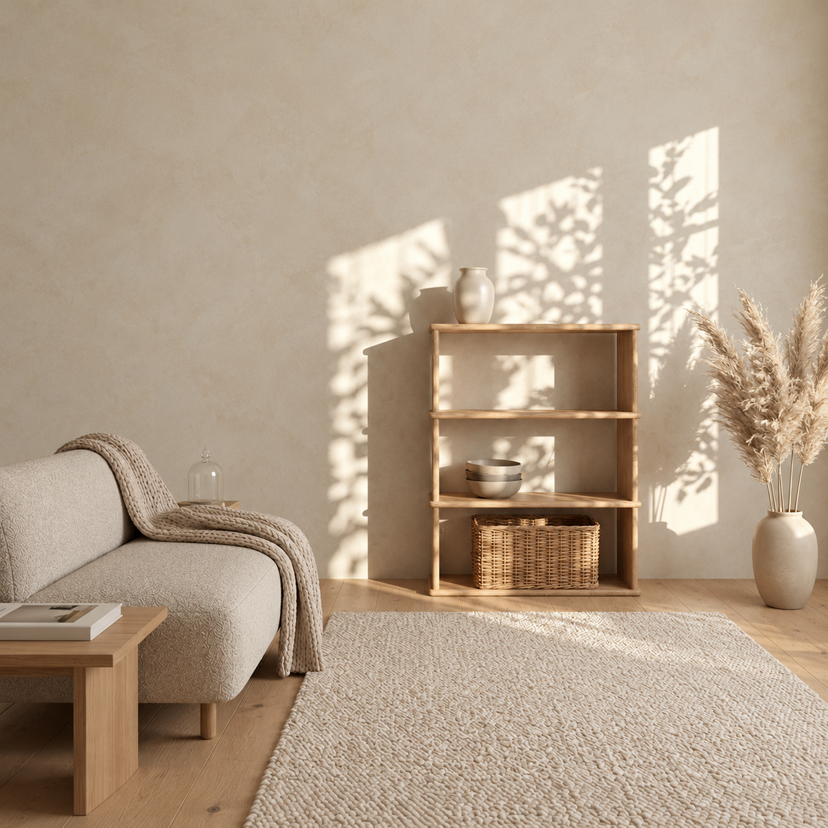 The 3 shelf bookcase in white oak in a sunlit living room beside a beige sofa, holding a small vase, ceramic bowls and a woven basket, with pampas grass in a floor vase.