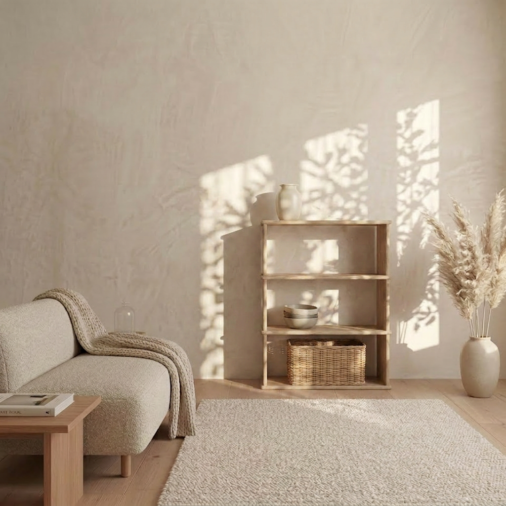 Minimalist living room with a beige sofa, wooden coffee table, textured rug, and a 3 shelf bookcase in white oak displaying decor. A tall vase with pampas grass and sunlight casting leaf shadows complete this Vancouver-inspired space.
