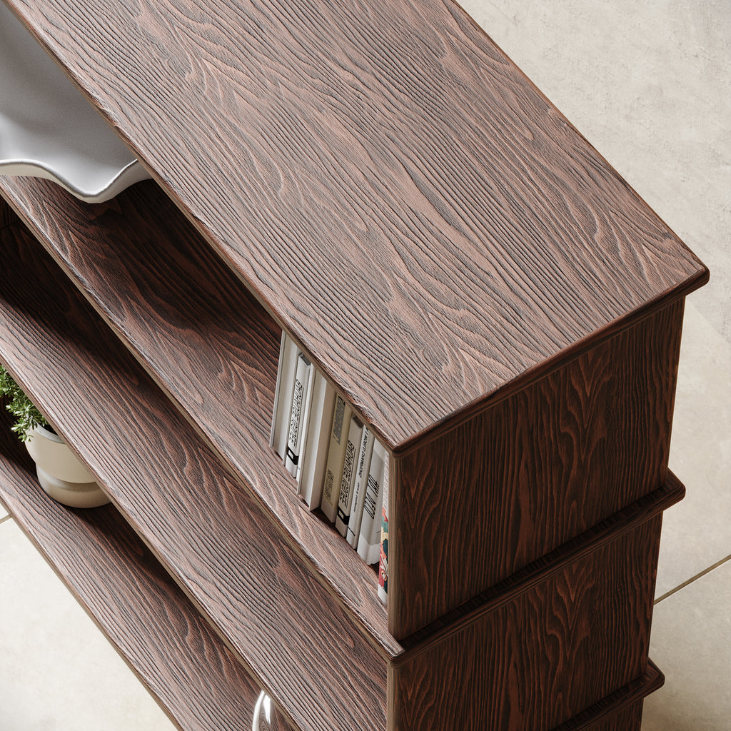 3 tier bookshelf in walnut top view