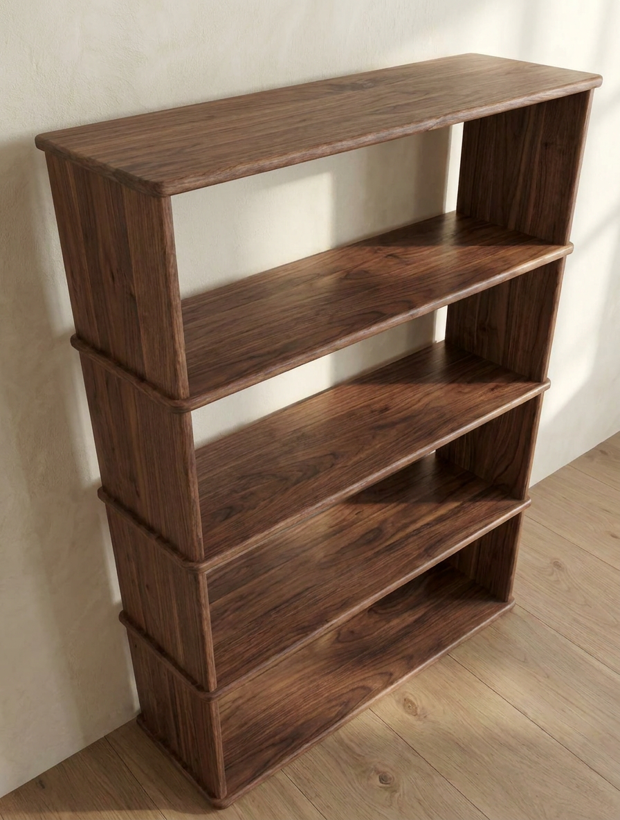 The 4 shelf bookcase in walnut stands empty on a wooden floor against a light-colored wall in Vancouver, bathed in sunlight.