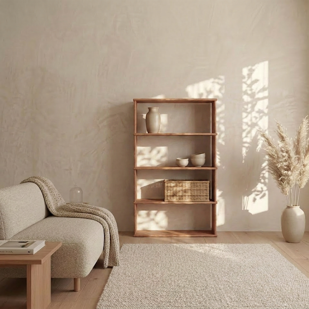 A minimalist living room with a beige sofa, wooden coffee table, light rug, and a 4 shelf bookcase in red oak displaying vases and baskets. A vase of pampas grass completes this Vancouver furniture scene in natural sunlight.