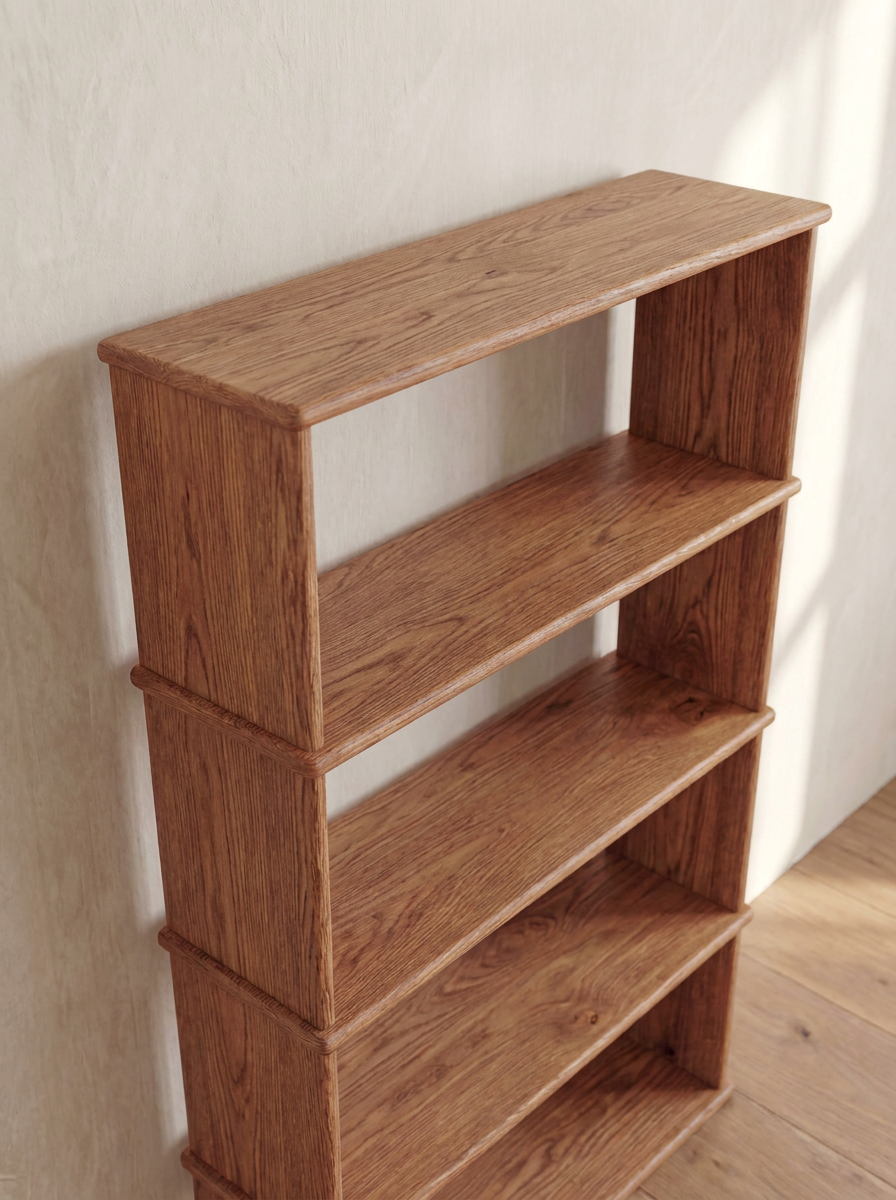 The 4 shelf bookcase in red oak is a handmade wooden bookshelf with a natural finish, showcasing solid wood grain and four shelves—an elegant Vancouver furniture piece perfect against light walls on wooden floors.