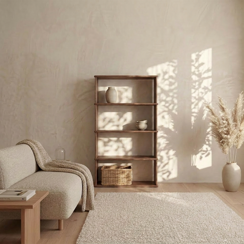 A cozy Vancouver living room with a textured sofa, a 4 shelf bookcase in walnut, and pampas grass in a vase. Sunlight casts leaf shadows on the wall.