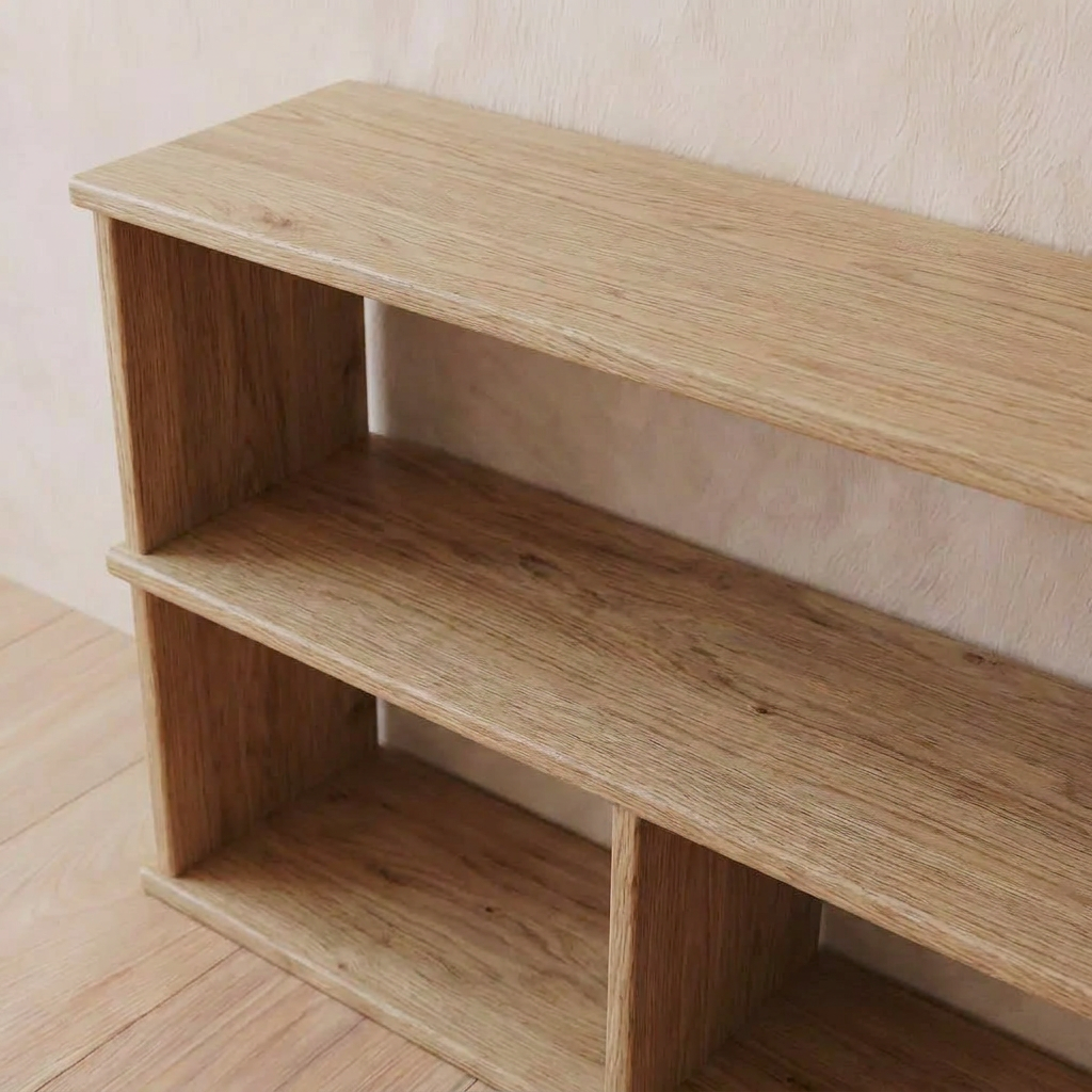 A handmade 40 inch bookshelf TV stand in white oak with three shelves and four open compartments, placed against a beige wall on a wooden floor.