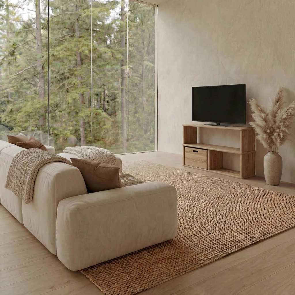 Minimalist living room with a beige sofa, textured rug, 40 inch bookshelf TV stand in white oak holding a flat-screen TV, pampas grass in a vase, and floor-to-ceiling windows overlooking the forest.