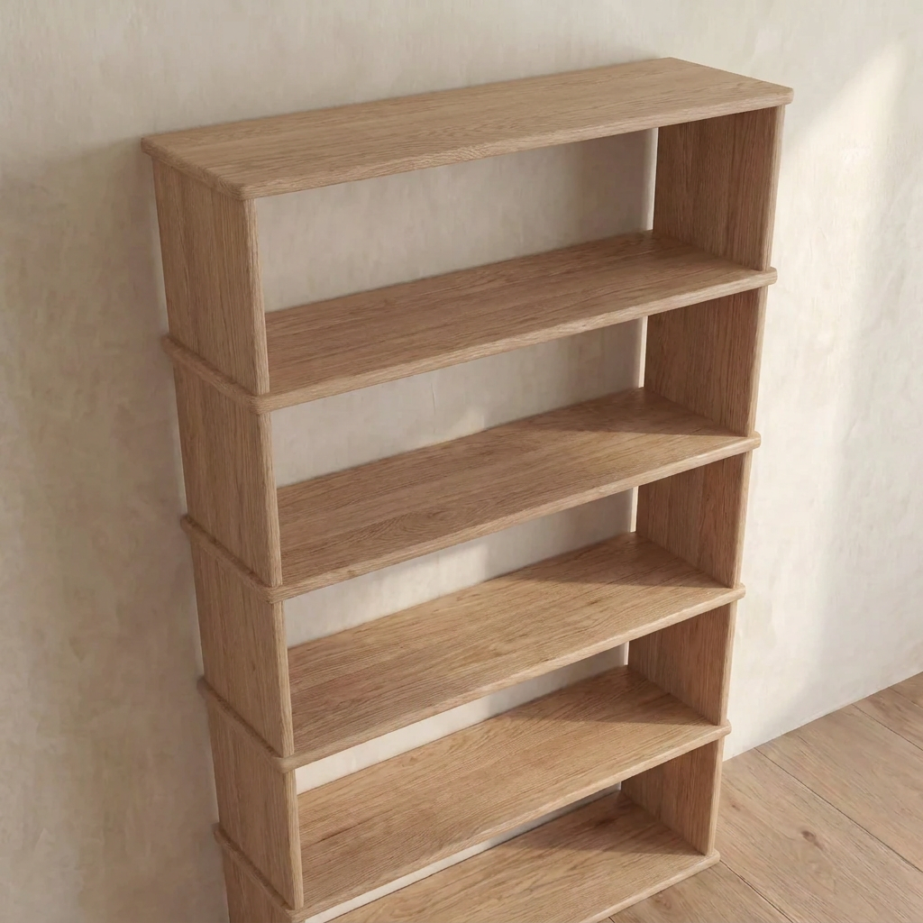 A 5 shelf bookcase in white oak with a simple, modern design and natural wood finish stands against a light-colored wall on a wooden floor.