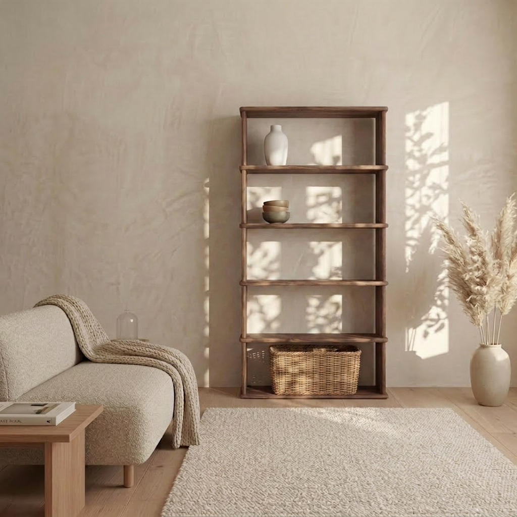 A minimalist living room with a beige sofa, wooden coffee table, textured rug, and a 5 shelf bookcase in walnut featuring simple decor—plus a basket and pampas grass vase—all beautifully lit by natural sunlight.