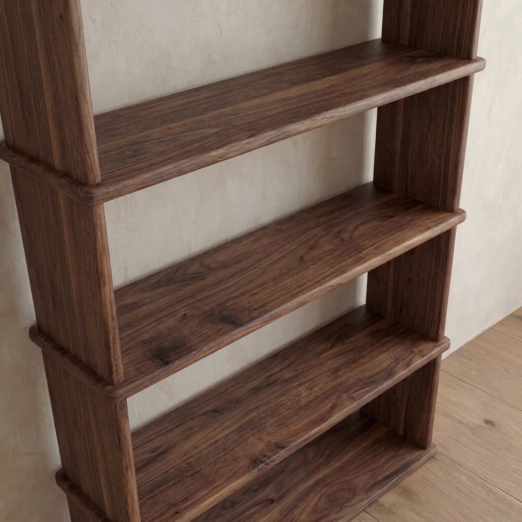 A close-up of the 5 shelf bookcase in walnut, handcrafted with solid wood, featuring five empty tiers, set against a light wall on a wooden floor—an elegant piece of Vancouver furniture.