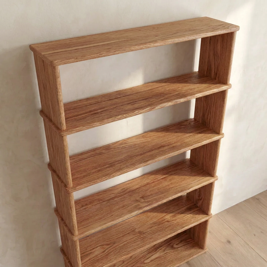 The 5 shelf bookcase in red oak, handcrafted from solid wood, is displayed against a light wall on a wooden floor and viewed from an angled perspective.