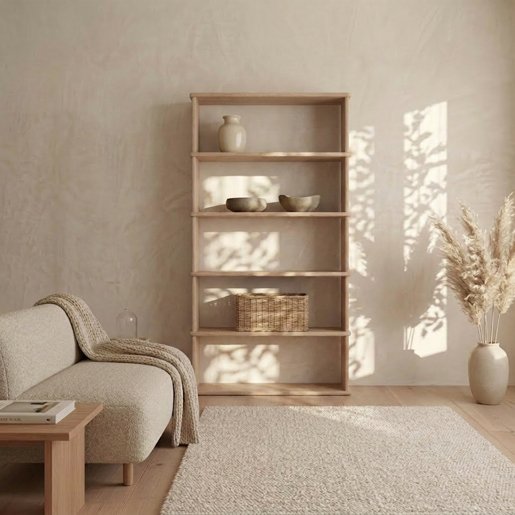 Minimalist living room with a beige sofa, light wooden coffee table, 5 shelf bookcase in white oak adorned with vases and baskets, pampas grass in a vase, and sunlight streaming onto a textured wall and rug.