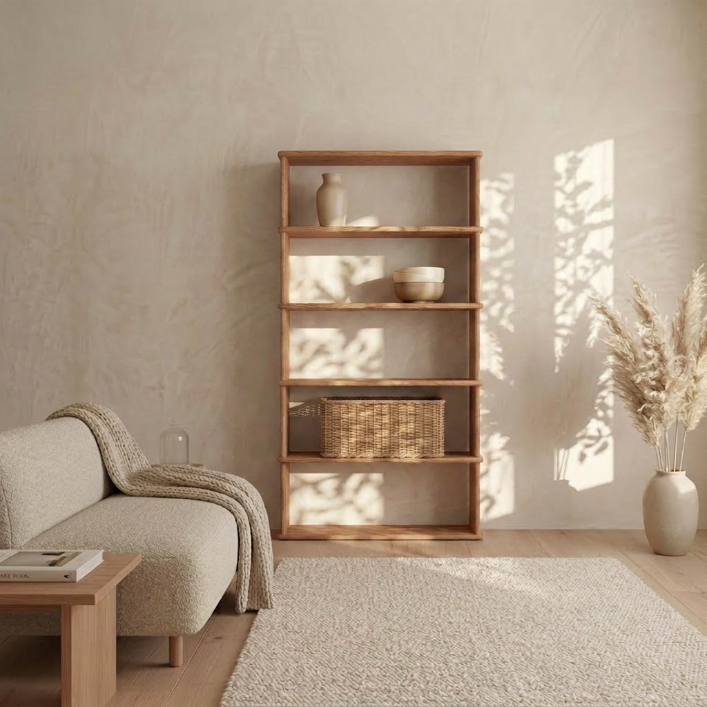A minimalist living room with a beige sofa, textured throw, light rug, 5 shelf bookcase in red oak styled simply, woven basket, and pampas grass in a vase. Sunlight casts shadows on the neutral-toned walls and floor.