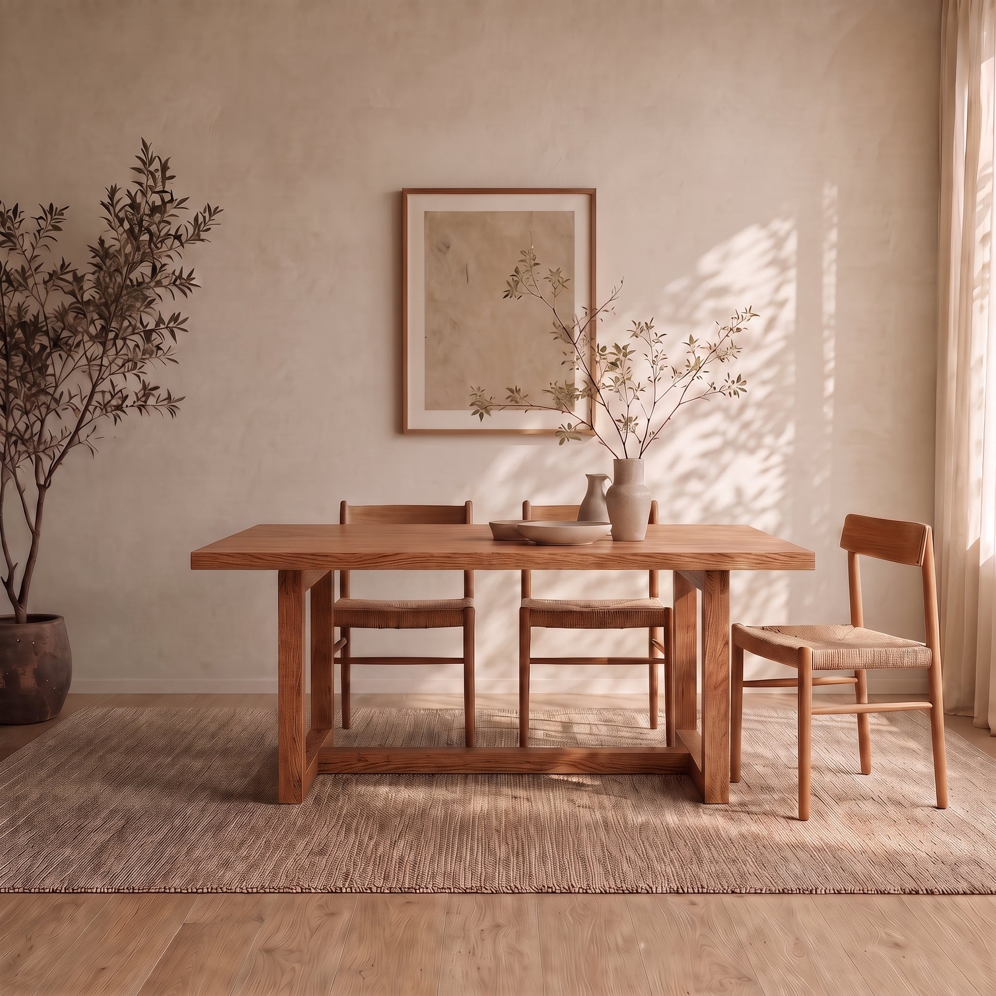 A minimalist dining room featuring a handcrafted 6 person dining table in red oak, three chairs, a potted plant, framed art on the wall, and soft natural light filtering through sheer curtains. Neutral tones evoke a calm and inviting Vancouver-inspired atmosphere.