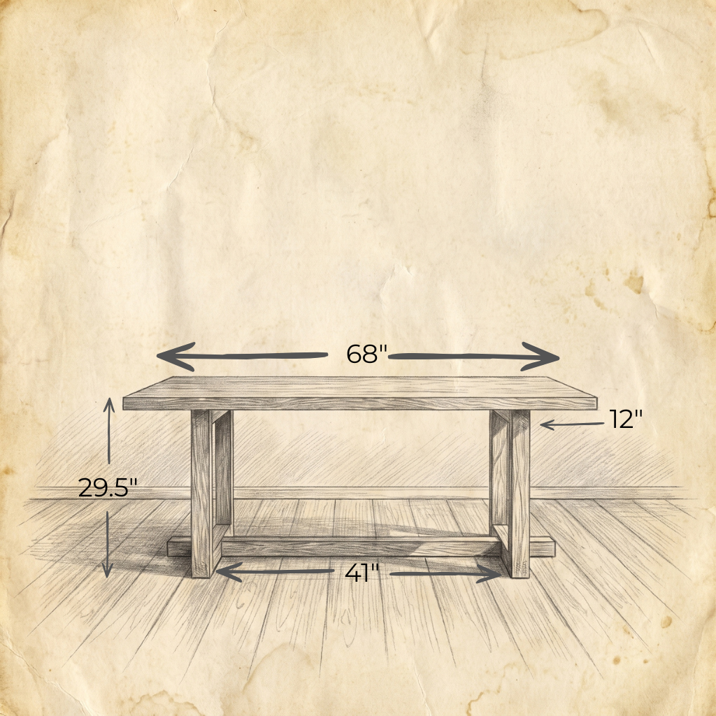A sketched image of the “6 person dining table in walnut” features labeled dimensions: 68 inches wide, 41 inches long, 29.5 inches tall, with table legs measuring 12 inches deep. Handcrafted for spacious seating, this dining table comfortably accommodates six people. The illustration appears on a background resembling faded, stained paper.