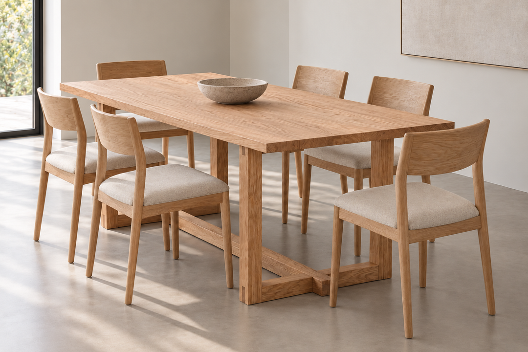 A rectangular 6 person dining table in red oak with a central stone bowl, surrounded by six chairs with upholstered seats.