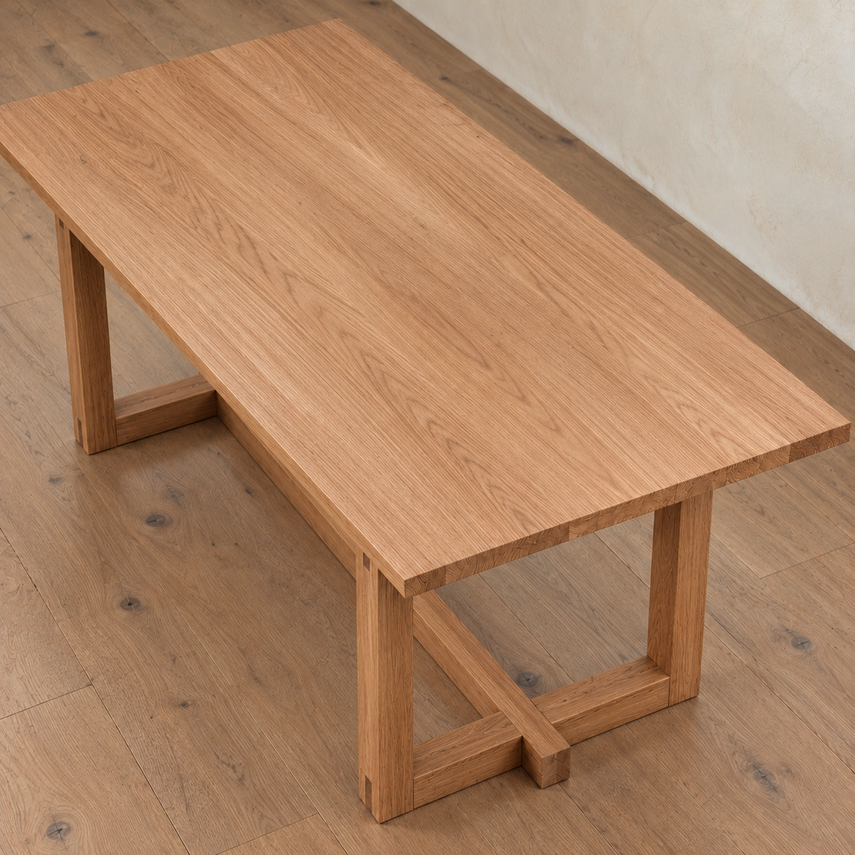 Handcrafted rectangular 6 person dining table in red oak with a solid trestle base.