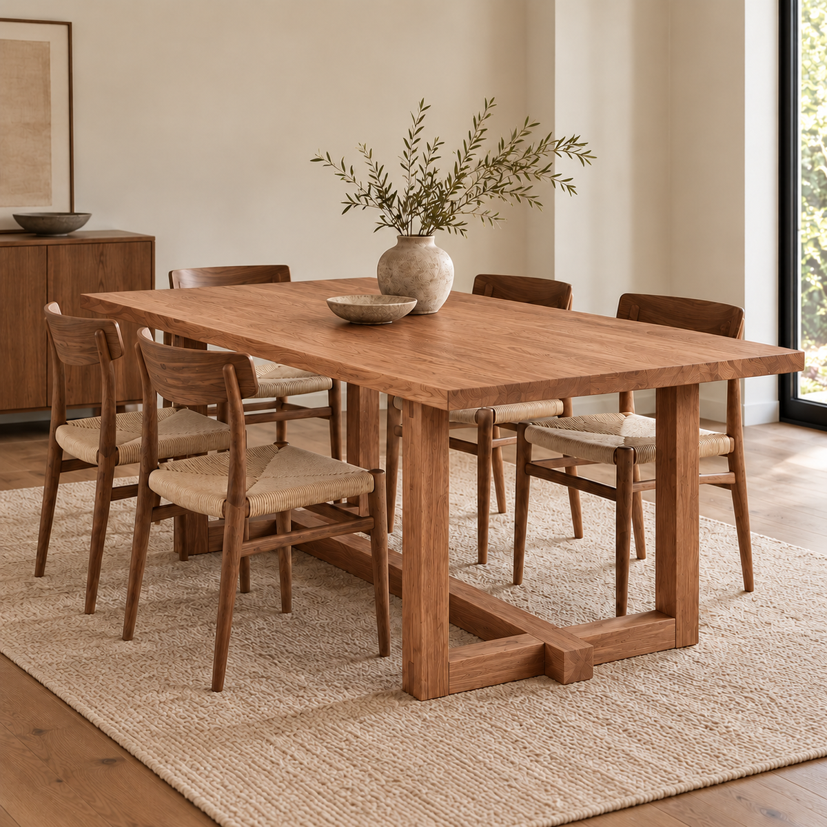 The 6 person dining table in red oak in a bright dining room, with woven-seat wooden chairs, a ceramic vase of olive branches and a jute rug.