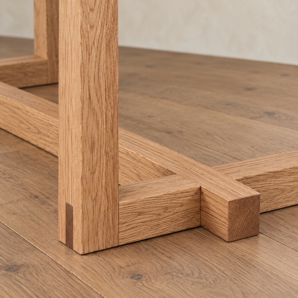 Close-up of a light-colored solid red oak 6 person dining table leg featuring a mortise and tenon joint resting on a matching wooden floor.