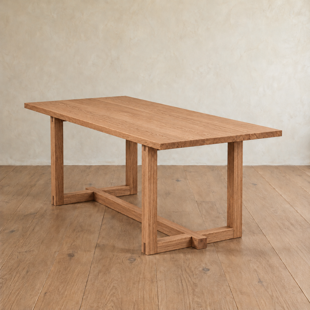 Handcrafted 6 person dining table in red oak featuring a rectangular top and a trestle base.