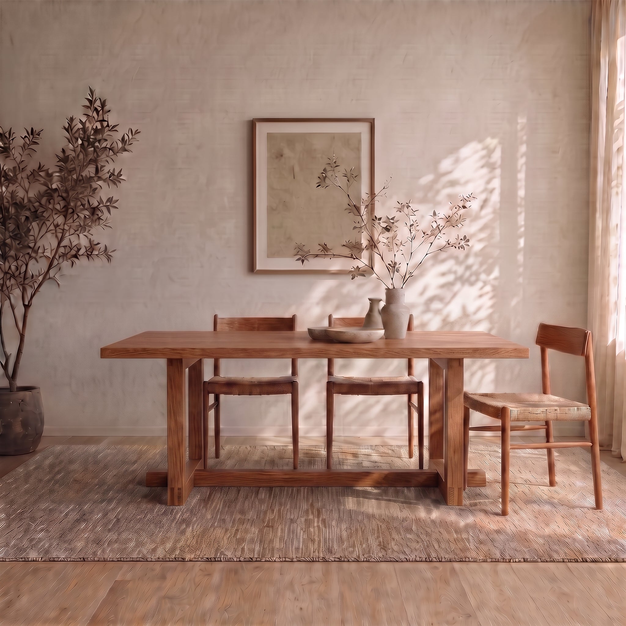 Minimalist dining room featuring a handcrafted 6 person dining table in red oak, three matching chairs, a neutral rug, potted tree, and vases with branches. Light filters through curtains for a warm, natural atmosphere. Framed art inspired by Vancouver hangs on the wall—creating a serene retreat.