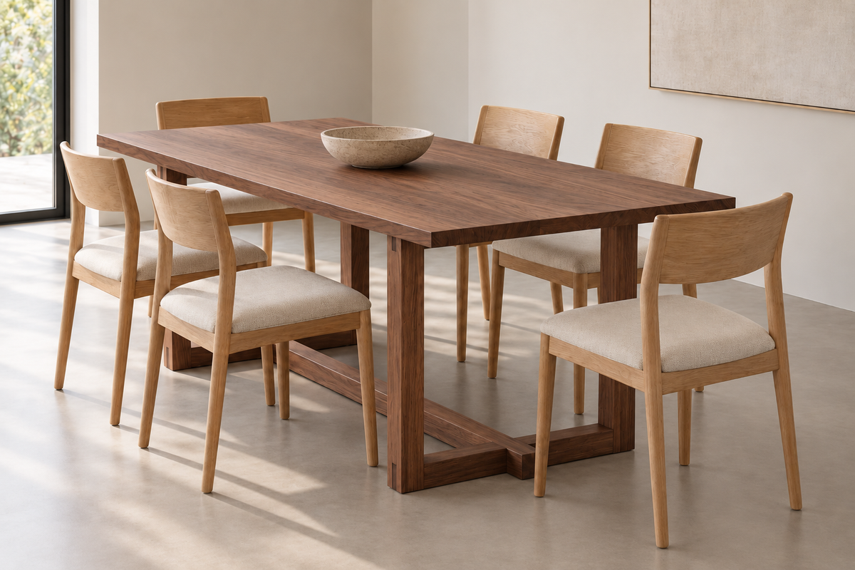 6 person dining table in walnut with six matching chairs featuring upholstered seats and a stone bowl in the center.