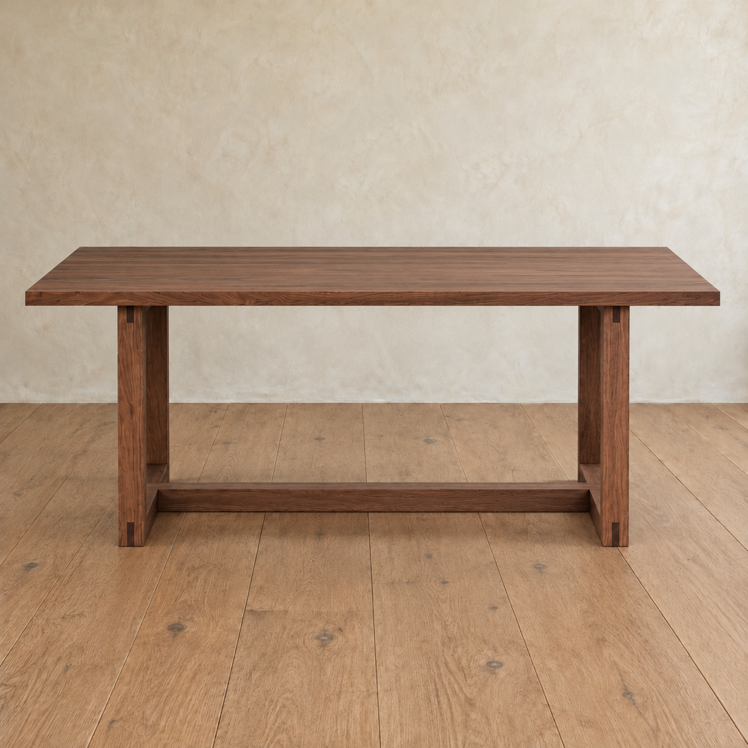 6 person dining table in walnut with a rectangular top and a trestle base.