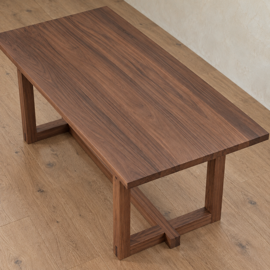 Top-down view of a 6 person dining table in walnut, featuring a rectangular top and a trestle base.