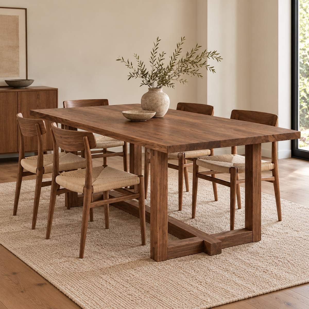 The 6 person dining table in walnut in a bright dining room, with woven-seat wooden chairs, a ceramic vase of olive branches and a jute rug.
