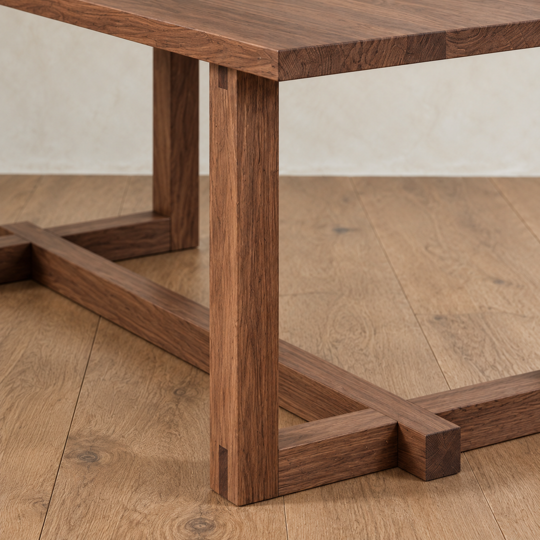 Close-up of a 6 person dining table in walnut, featuring a trestle base with visible joinery.