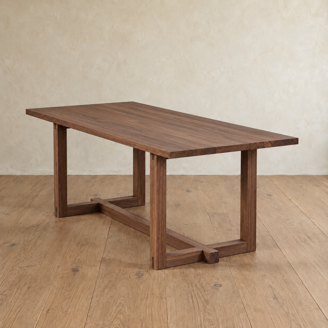 6 person dining table in walnut with a handcrafted rectangular top and a trestle base.