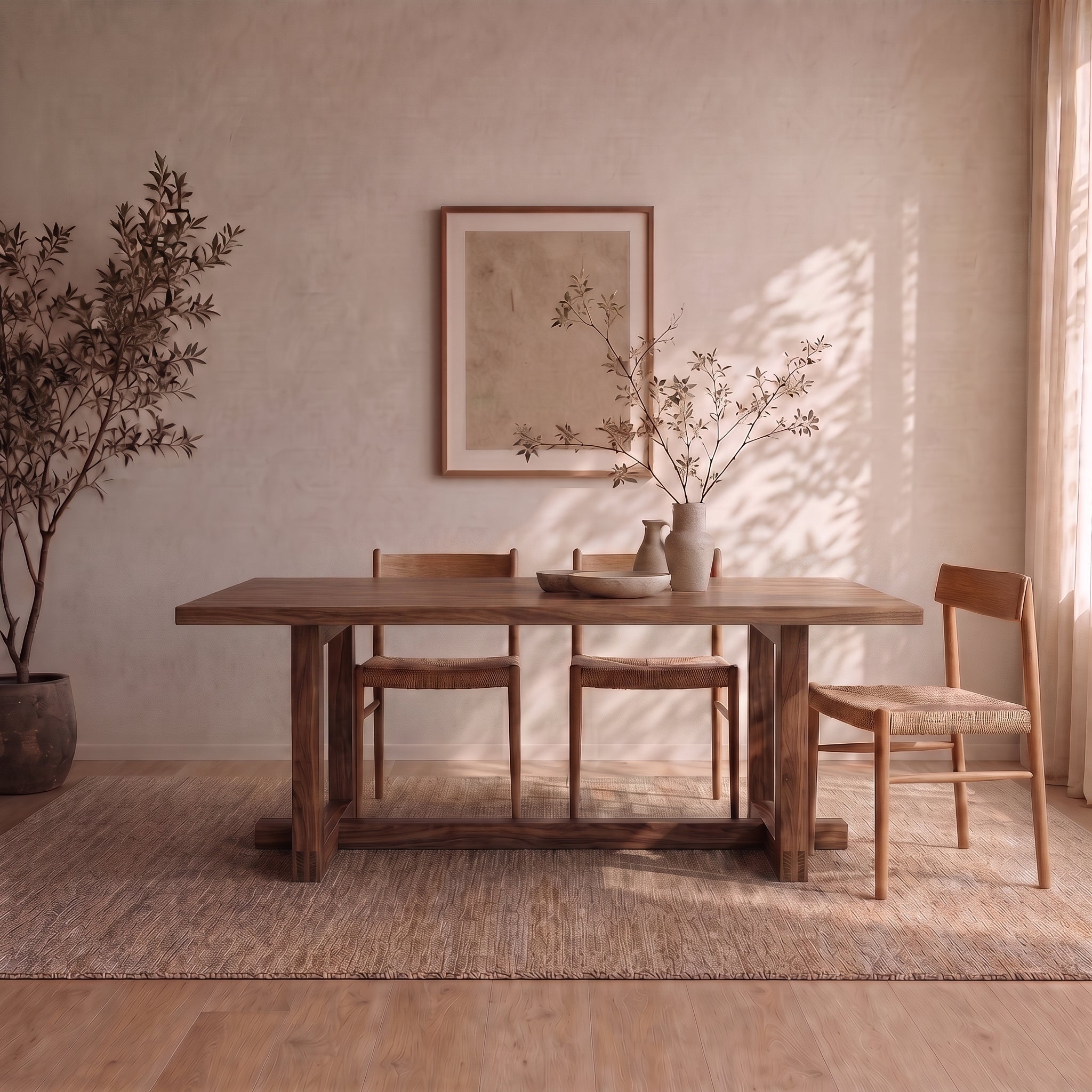 Minimalist dining room featuring a 6 person dining table in walnut, three chairs, two vases with branches, a framed artwork on the wall, a large potted plant, and soft natural light streaming in from the right—showcasing the finest in Vancouver furniture.