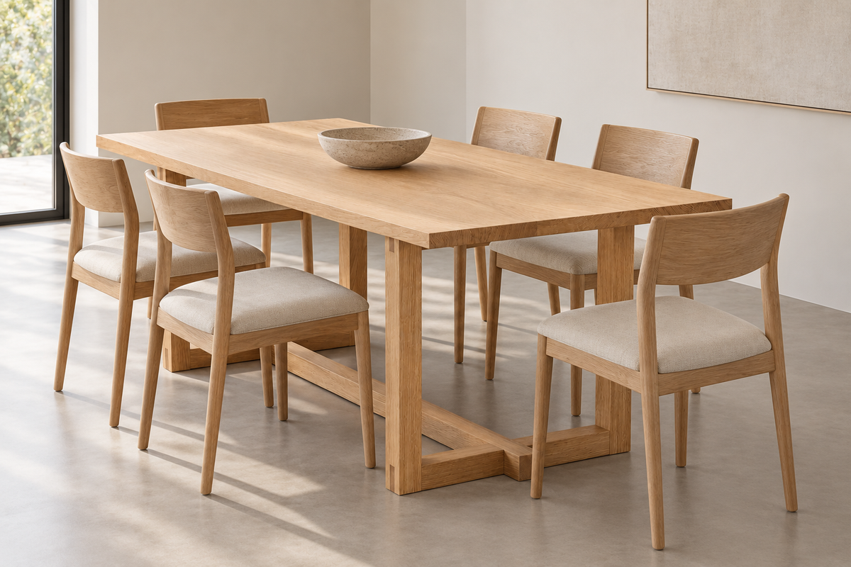 6 person dining table in white oak with upholstered seats and a stone bowl in the center.