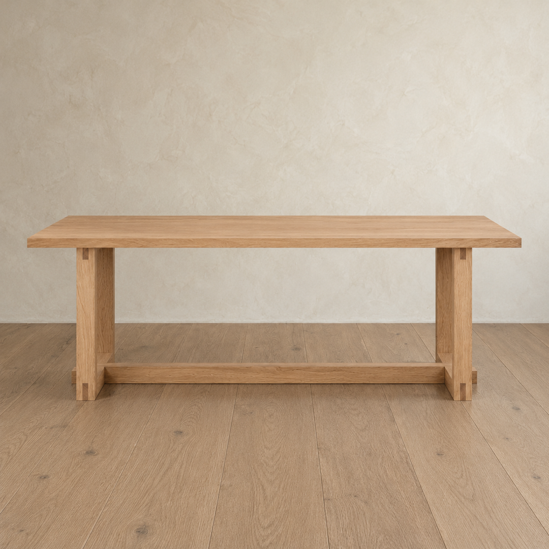 6 person dining table in white oak with thick legs and a central support beam.