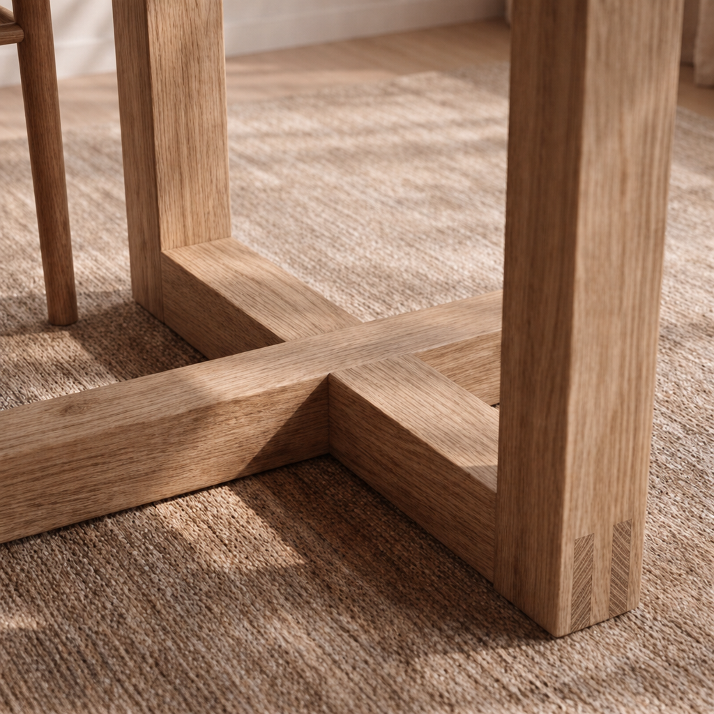 Close-up of the 6 person dining table in white oak, showcasing its handcrafted solid oak legs joined in a crisscross pattern atop a textured beige rug, with sunlight casting shadows across the scene. Designed in Vancouver.
