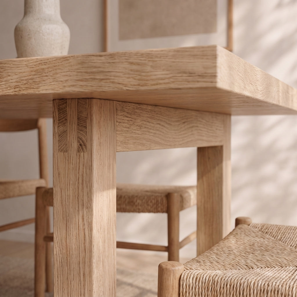 Close-up of the 6 person dining table in white oak, showcasing its simple, modern lines. Two woven-seat chairs are neatly tucked beneath. Soft sunlight casts gentle shadows on the neutral-toned wall and floor, emphasizing the handcrafted quality that defines Vancouver design.